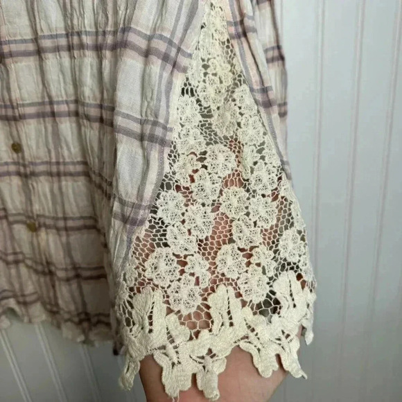 Shyanne Pink Plaid Button Down Medium Lace Side Panels, Long Sleeve, Western C32 - Picture 2 of 6